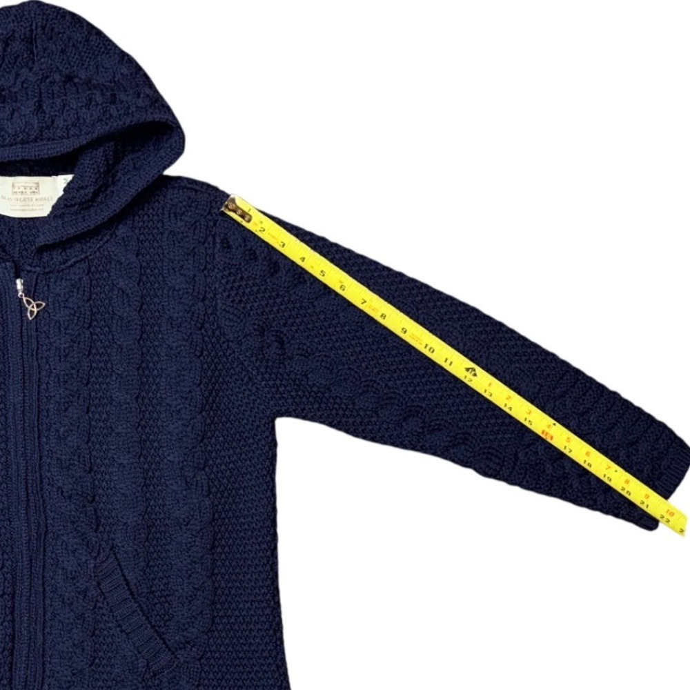 Aran Sweater Market Navy Blue 100% Merino Wool Hooded Zip Cardigan Ireland M - Picture 10 of 11